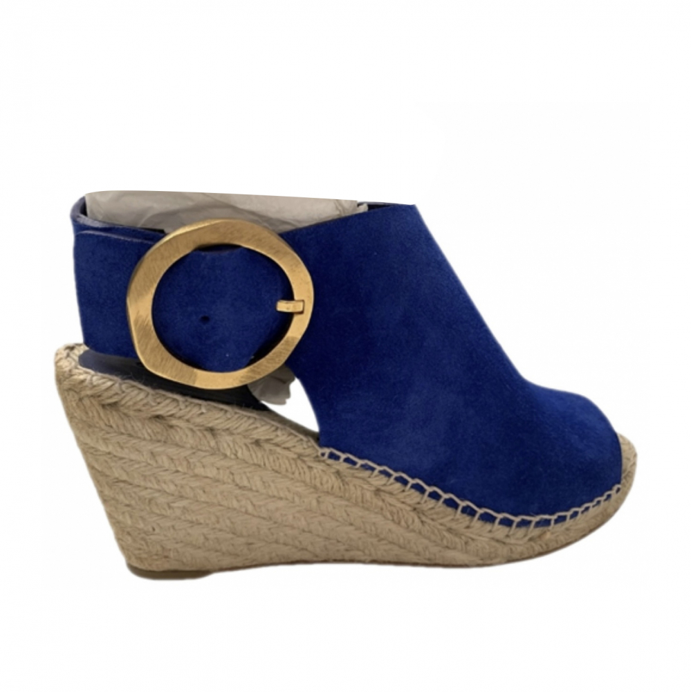 Celine Satin gold Broche Royal blue leather suede wedge Sandal