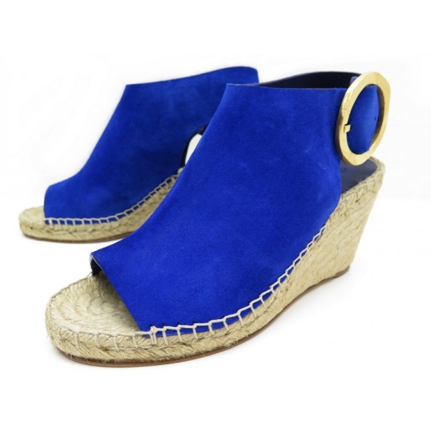 Celine Satin gold Broche Royal blue leather suede wedge Sandal