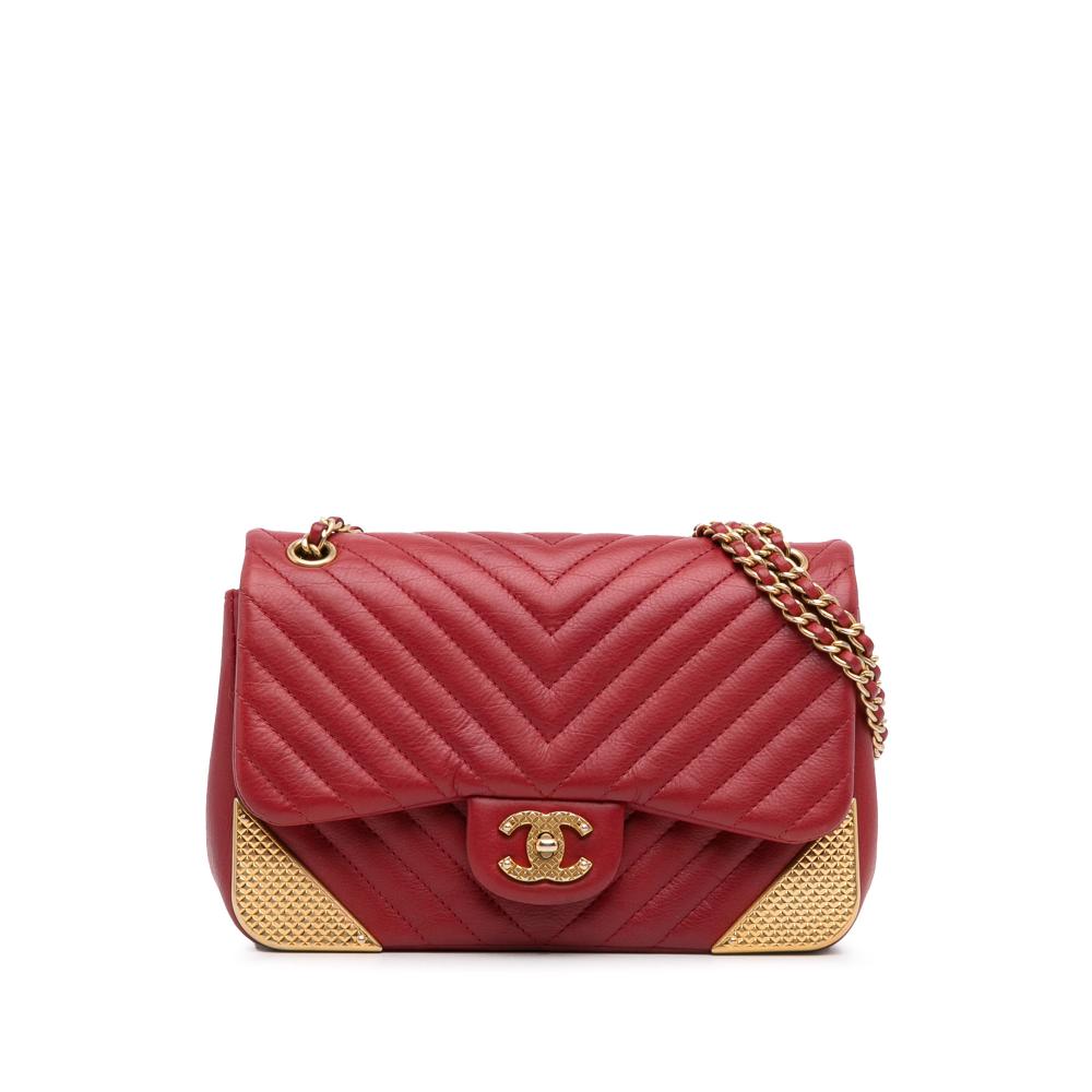 Chanel AB Chanel Red with Gold Calf Leather Mini skin Chevron Rock The Corner Flap Italy