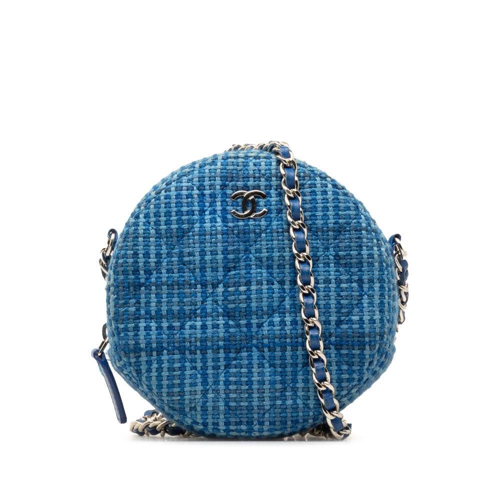 Chanel B Chanel Blue Tweed Fabric Quilted Round Clutch With Chain Italy