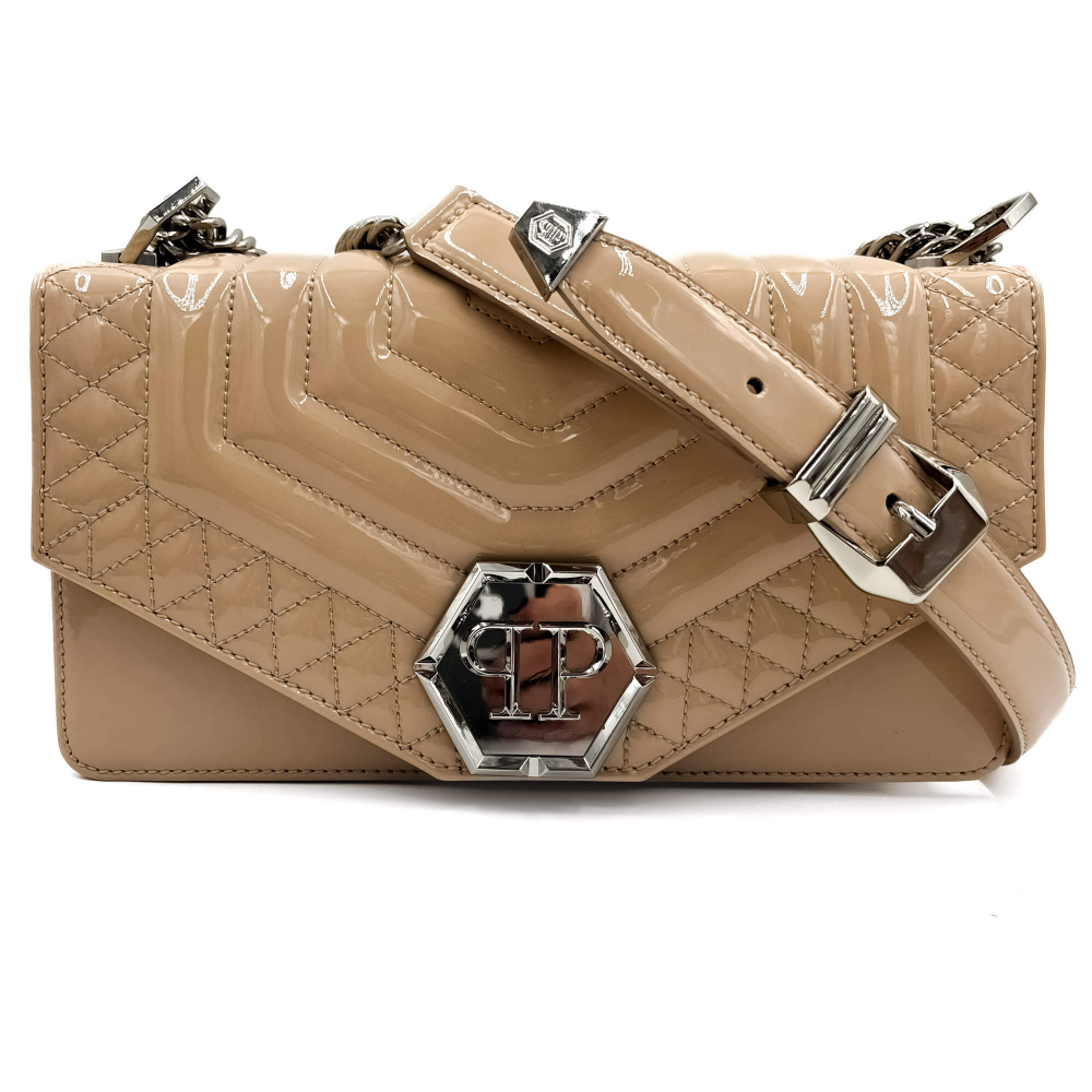 Philipp Plein Hexagon Medium Patent Leather 2-Ways Flap Bag Beige