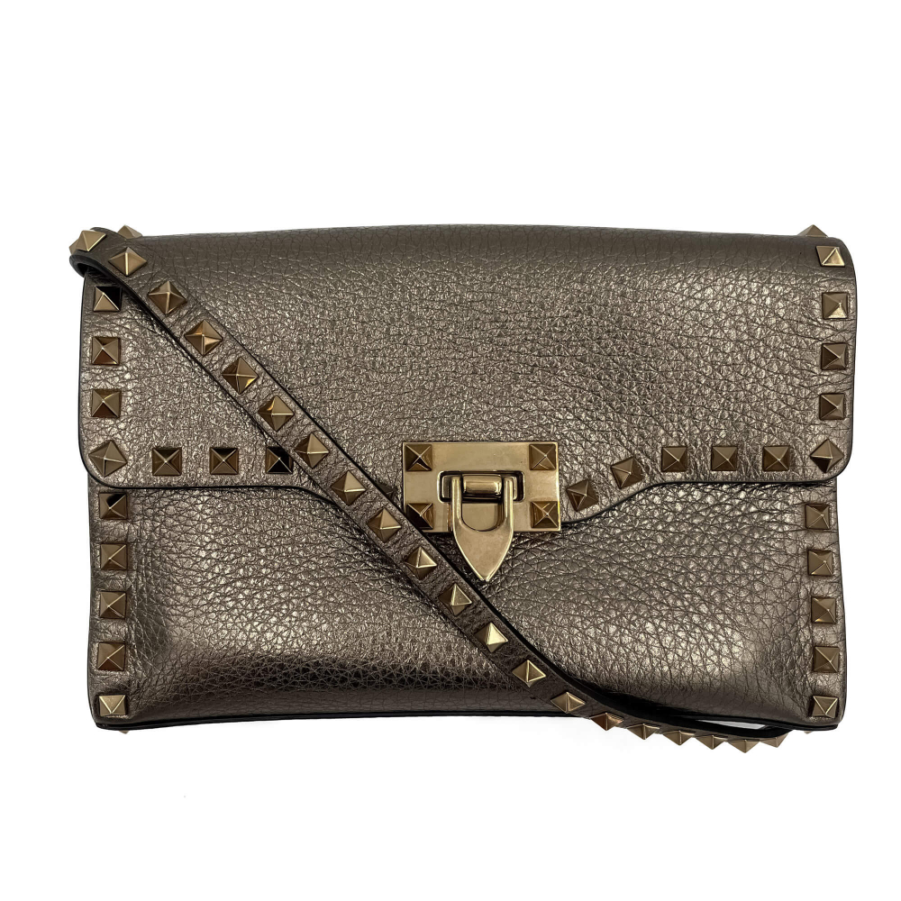 Valentino Rockstud Spike Small Calfsin Leather 2-Ways Flap Bag Metallic