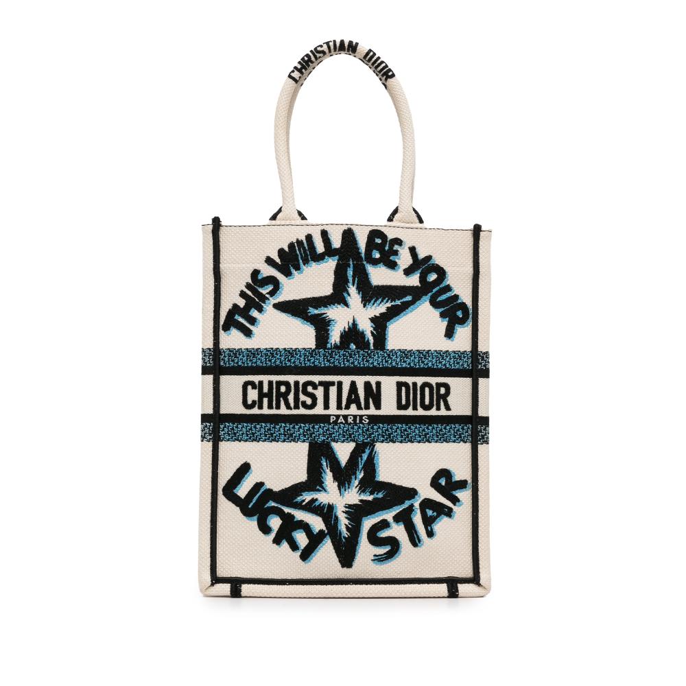 Christian Dior A Dior White Canvas Fabric Vertical Lucky Star Book Tote Italy