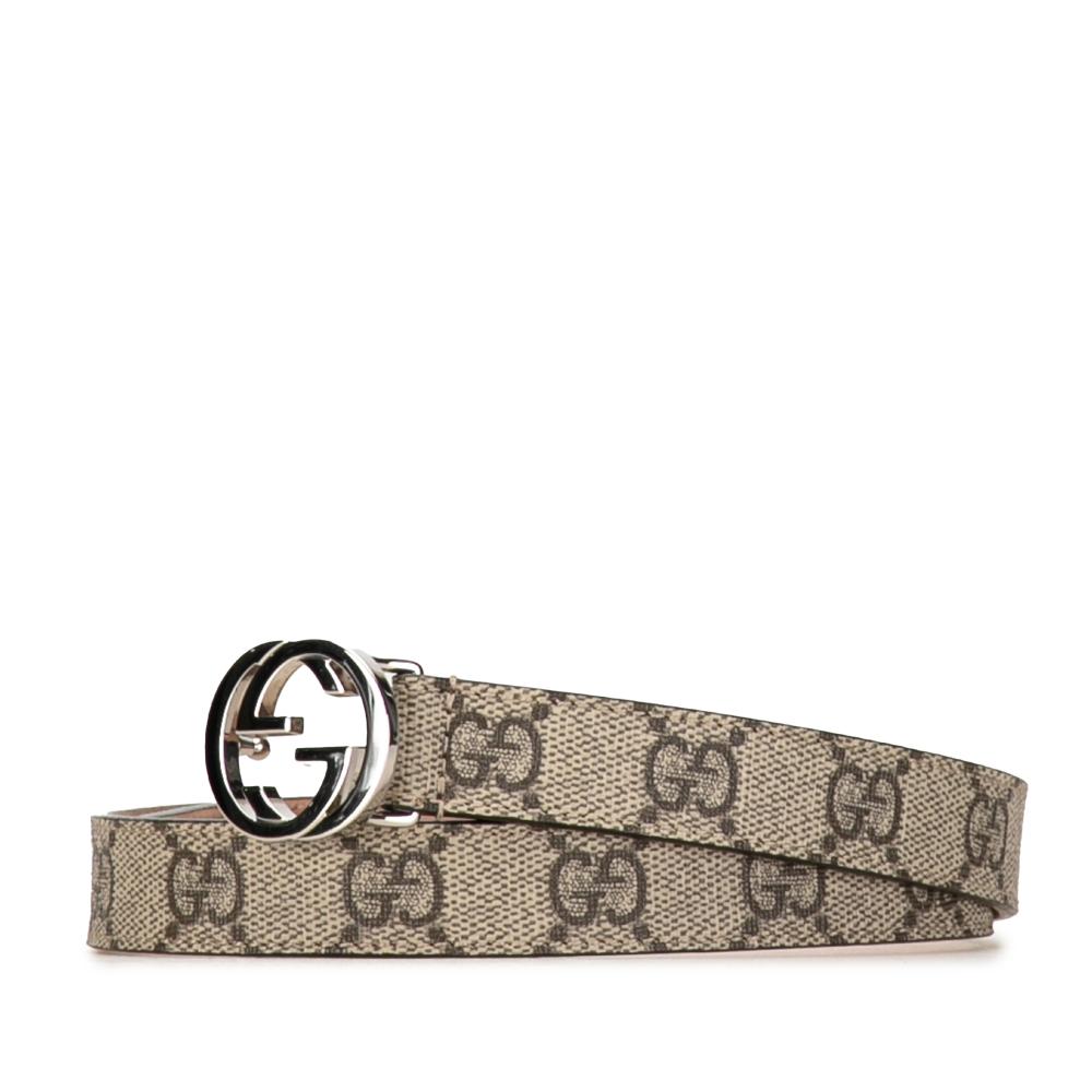 Gucci AB Gucci Brown Beige Coated Canvas Fabric GG Supreme Interlocking G Belt Italy