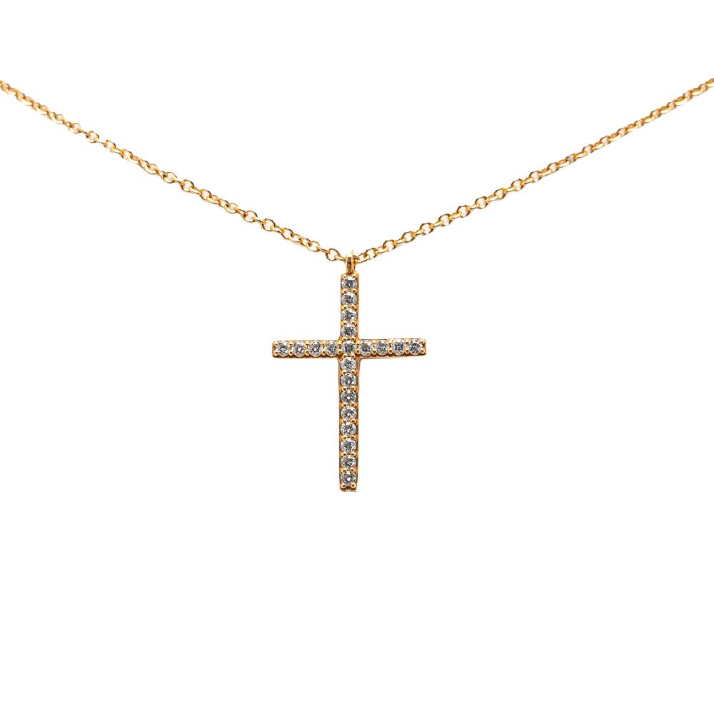 Tiffany & Co B Tiffany Gold 18K Yellow Gold Metal Diamond Medium Metro Cross Pendant Necklace United States