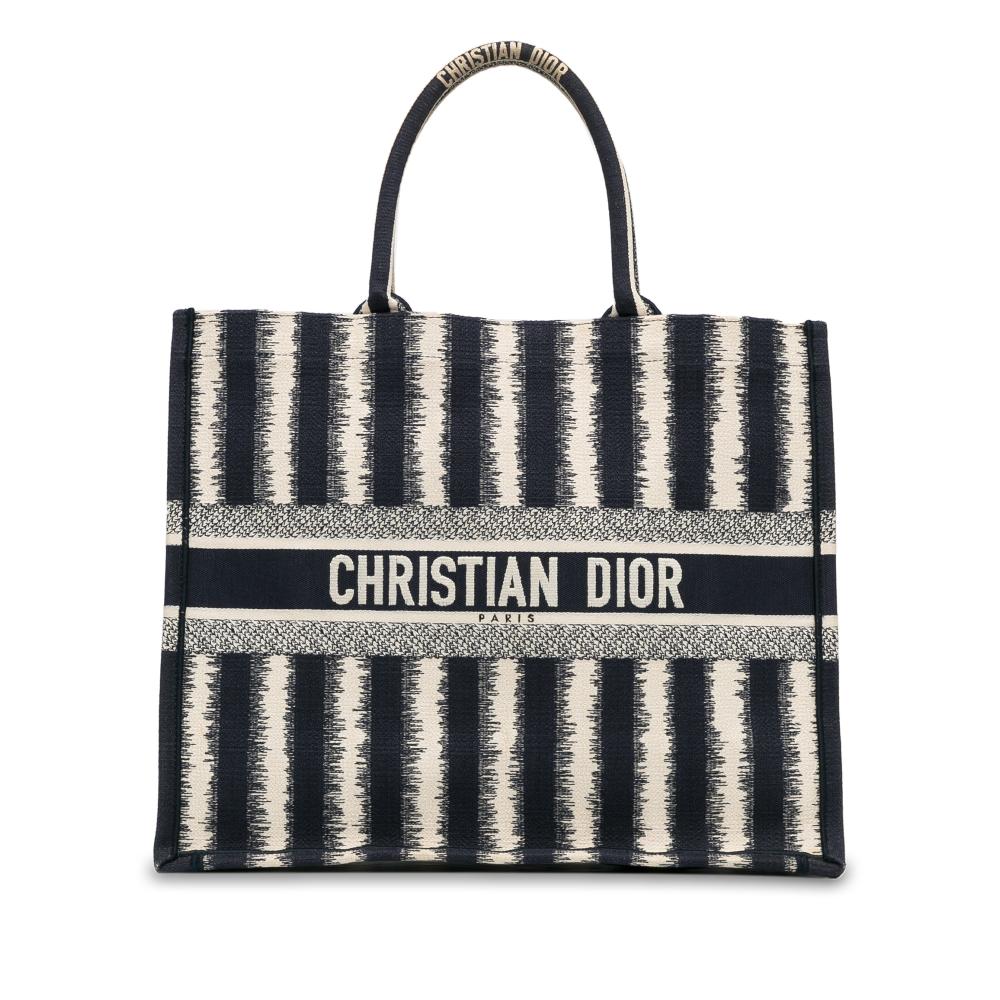 Christian Dior AB Dior Blue Dark Blue Canvas Fabric Large Striped Book Tote Italy