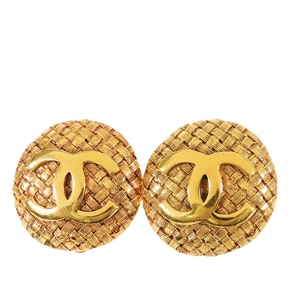 Chanel B Chanel Gold Gold Plated Metal CC Clip On Earrings France