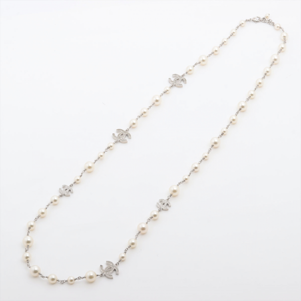 Chanel Coco Necklace Rhinestone Faux-Pearls Silver