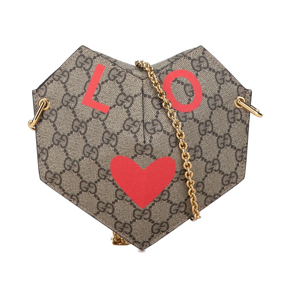 Gucci AB Gucci Brown Beige Coated Canvas Fabric GG Supreme Heart Love on Chain Italy