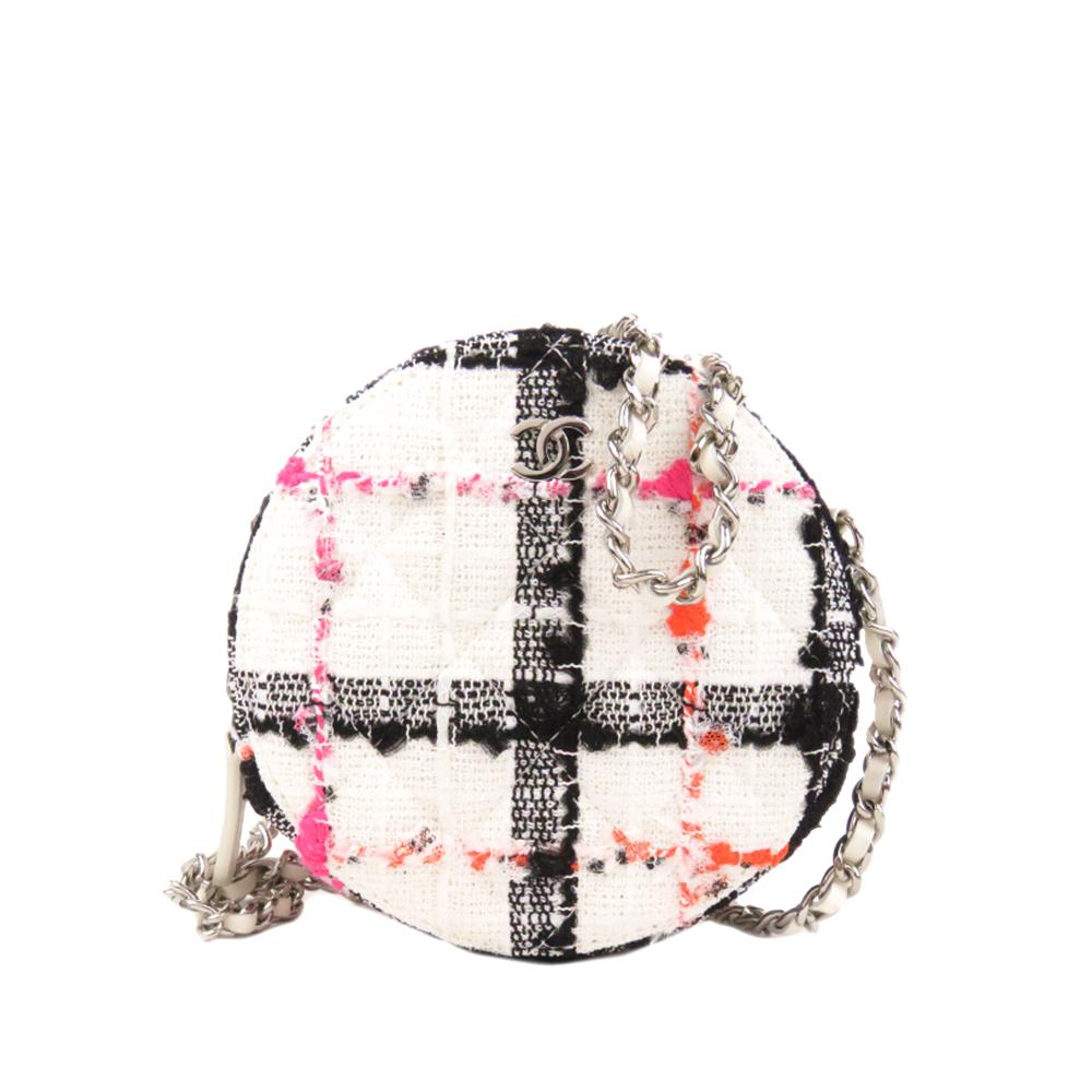 Chanel AB Chanel White Tweed Fabric Round Clutch with Chain Italy