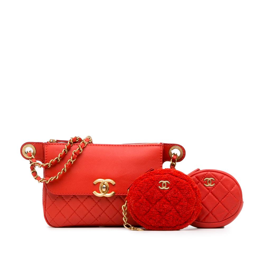 Chanel B Chanel Red Calf Leather CC Quilted skin Flap Belt Bag and Coin Purse France