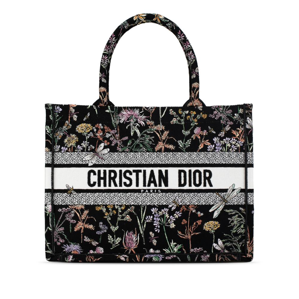Christian Dior AB Dior Black Canvas Fabric Medium Embroidered Herbarium Book Tote Italy