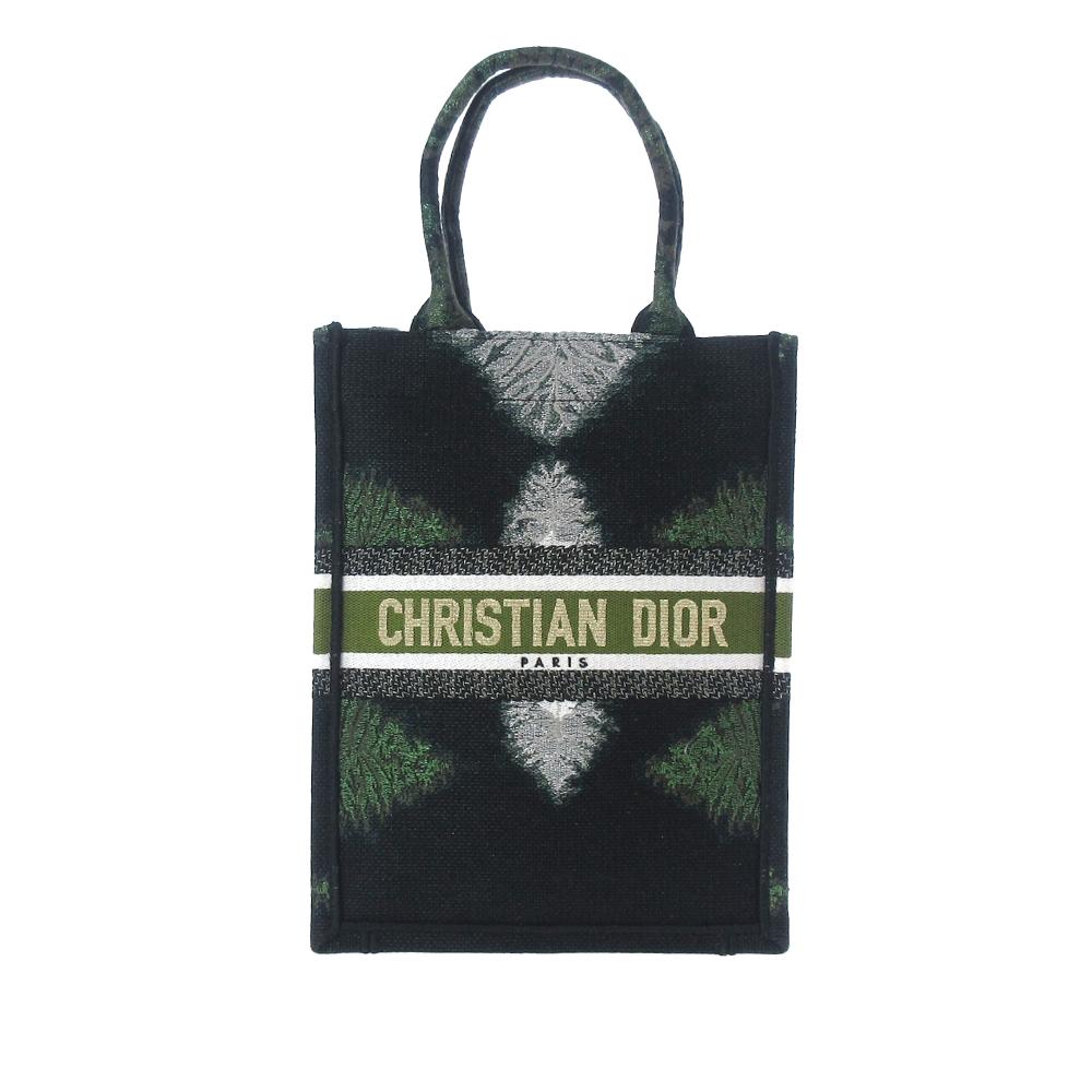 Christian Dior B Dior Green Dark Green with Multi Canvas Fabric Tie Dye Vertical Book Tote Italy