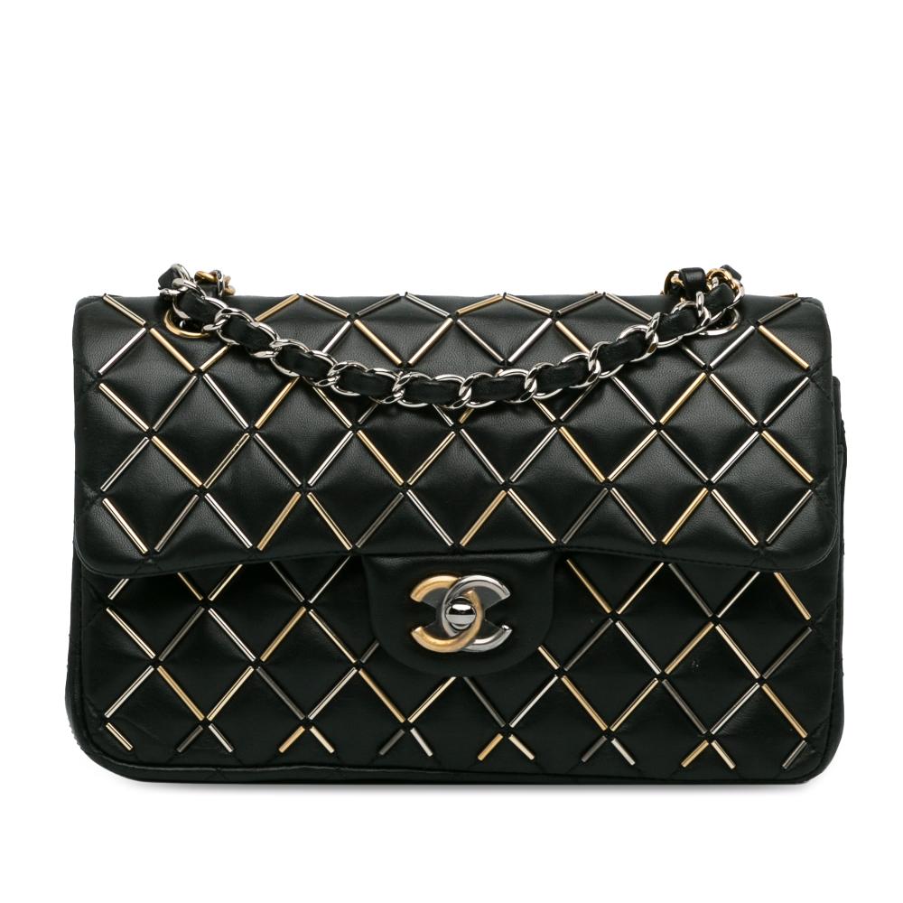 Chanel B Chanel Black Lambskin Leather Leather Small Classic Embellished Lambskin Double Flap France