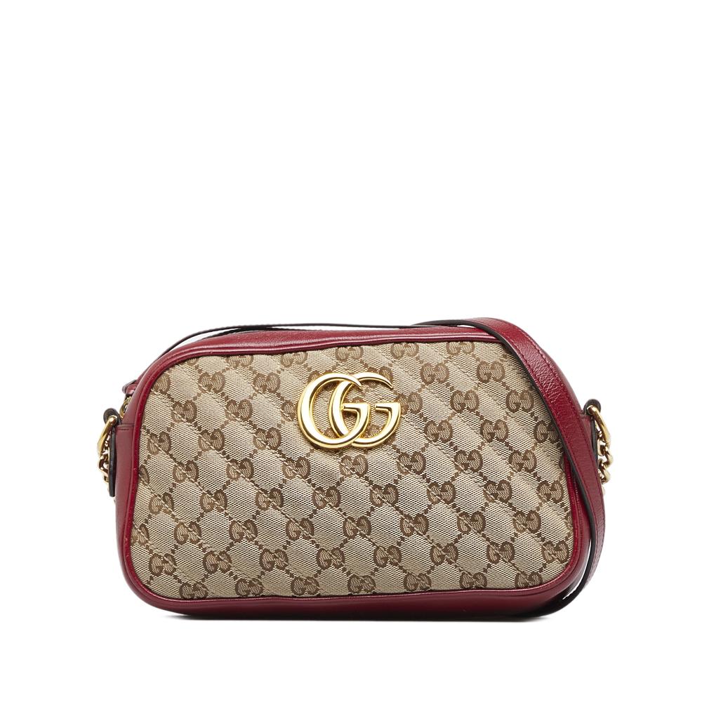 Gucci B Gucci Brown Beige Canvas Fabric Small GG Marmont Crossbody Italy