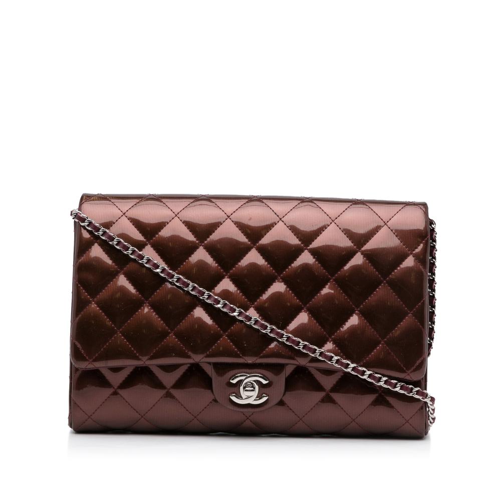 Chanel B Chanel Brown Bronze Patent Leather Leather Quilted Patent Clutch With Chain Italy