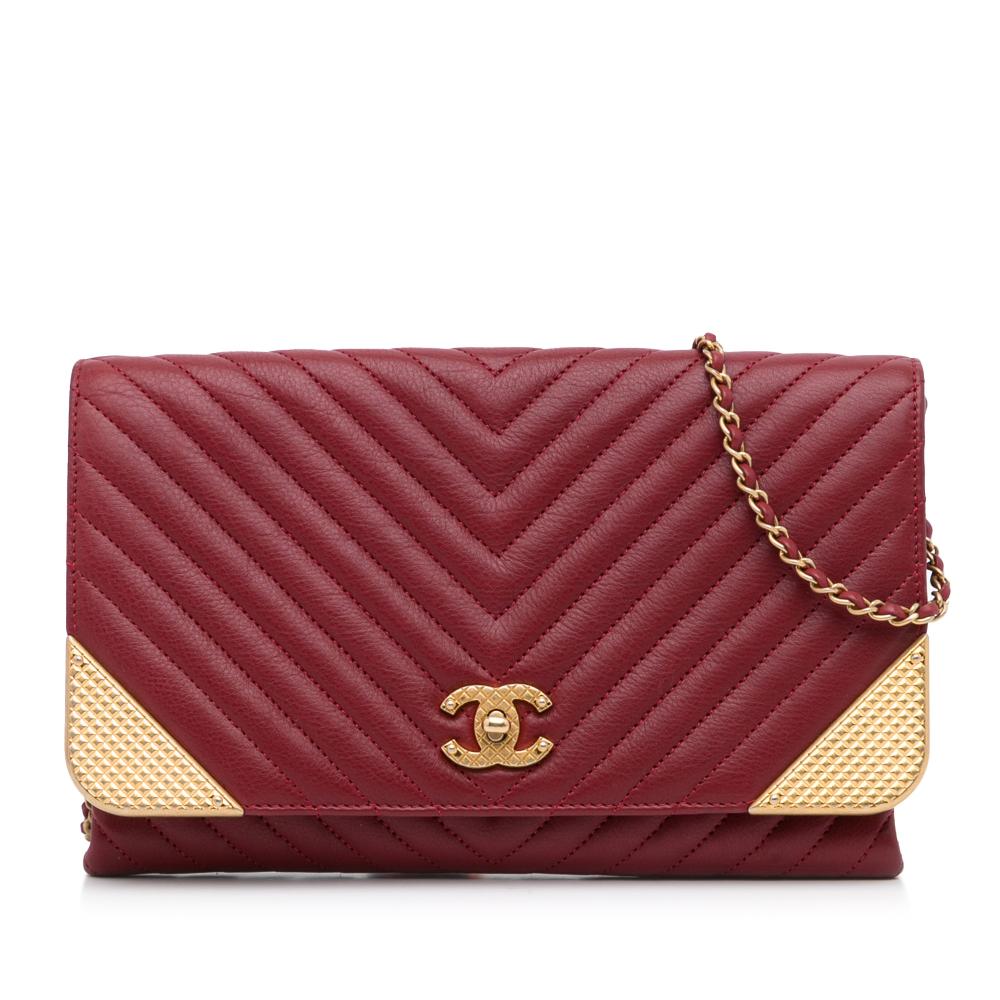 Chanel AB Chanel Red Lambskin Leather Leather Rock Corner Chevron Wallet on Chain Italy