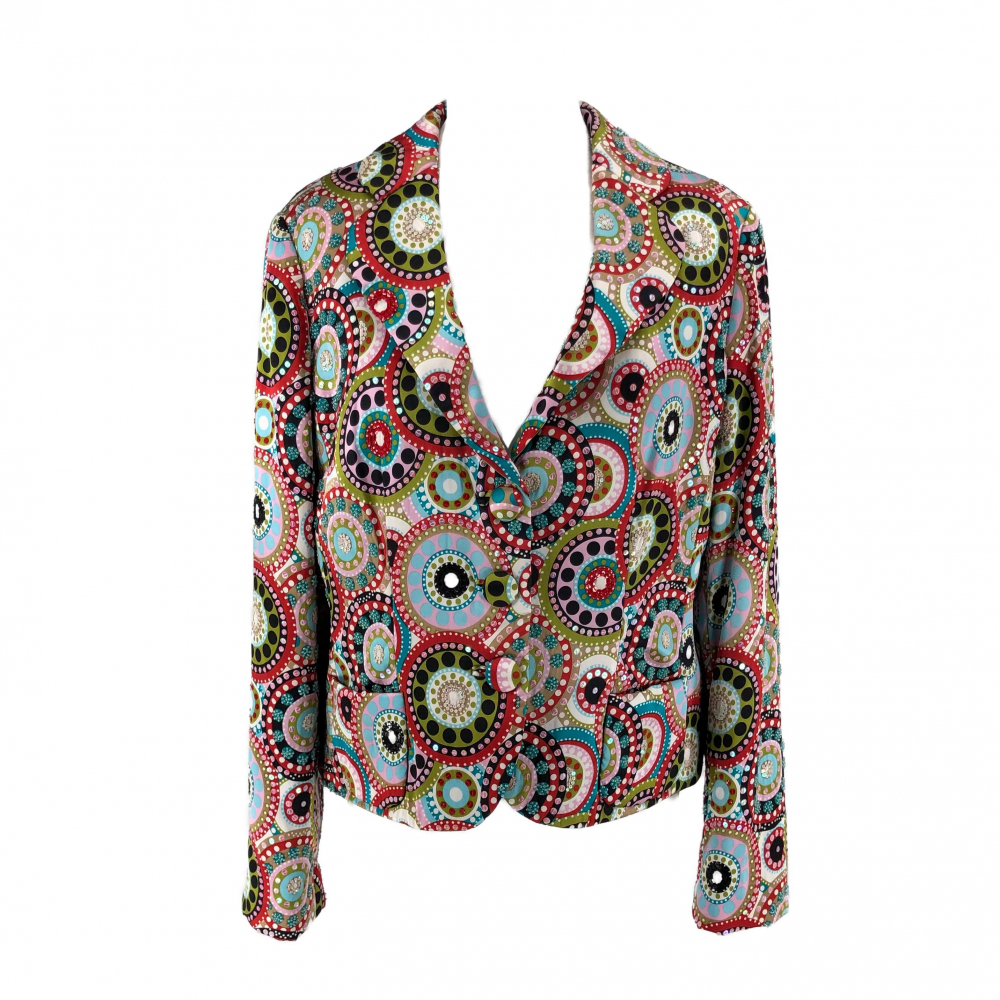 Rena Lange jacket in multicoloured beading and sequins on a silk circle print