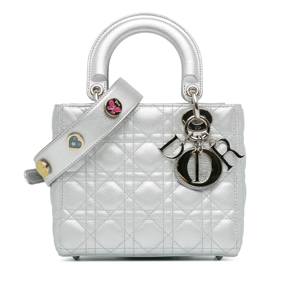 Christian Dior AB Dior Silver Calf Leather Small Metallic Grained skin Cannage Lucky Badges My Lady Dior Italy