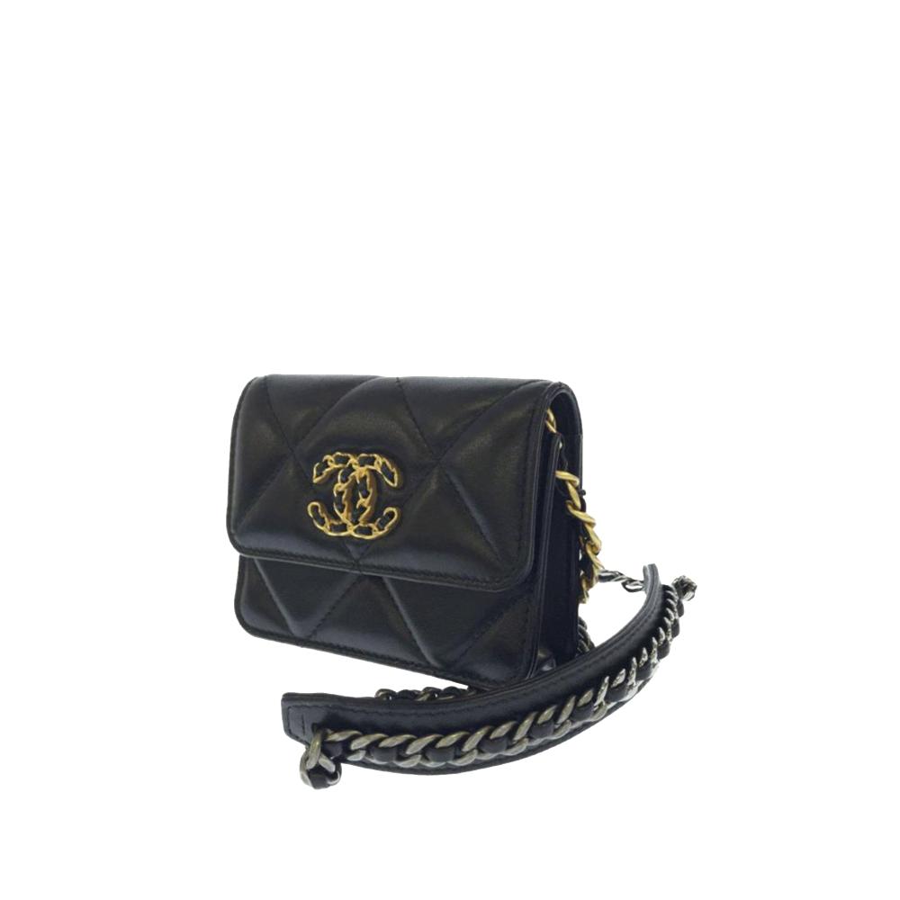 Chanel AB Chanel Black Lambskin Leather Leather 19 Flap Coin Purse on Chain Italy