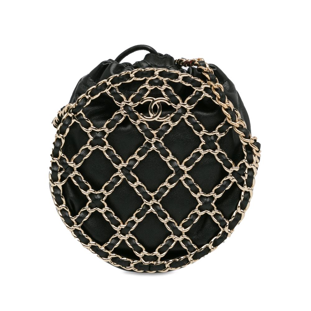 Chanel AB Chanel Black Lambskin Leather Leather Lambskin Round Caged Chain Around Crossbody Italy