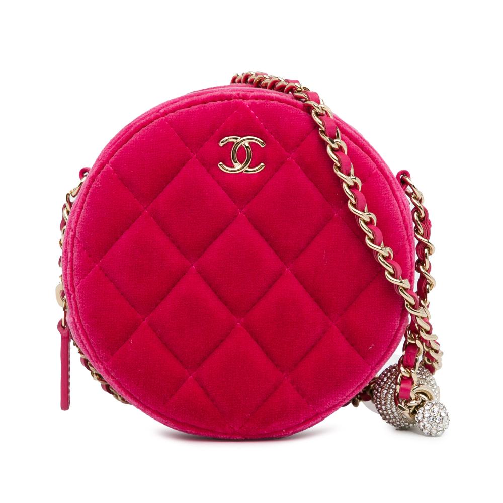 Chanel AB Chanel Pink Velvet Fabric Pearl Crush Round Clutch with Chain Italy