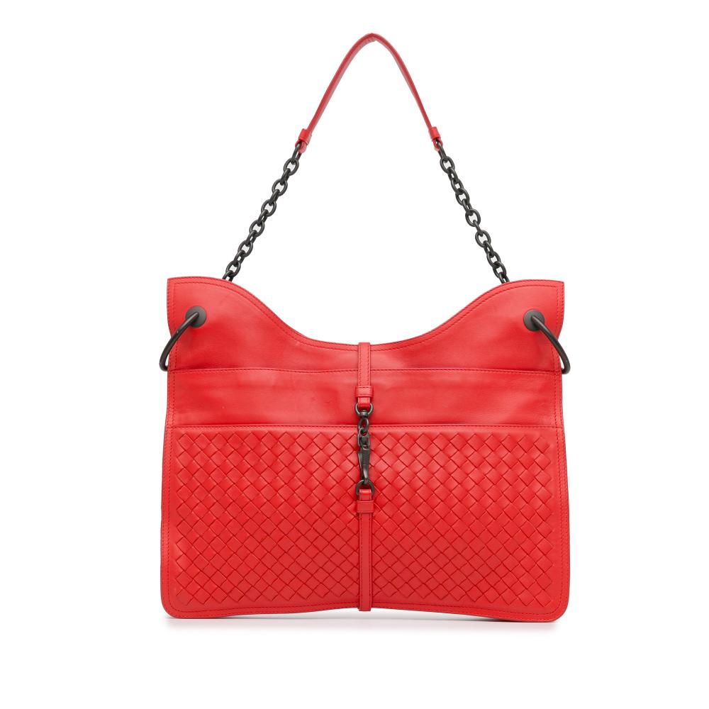 Bottega Veneta B Bottega Veneta Red Calf Leather Intrecciato Beverly Shoulder Bag Italy