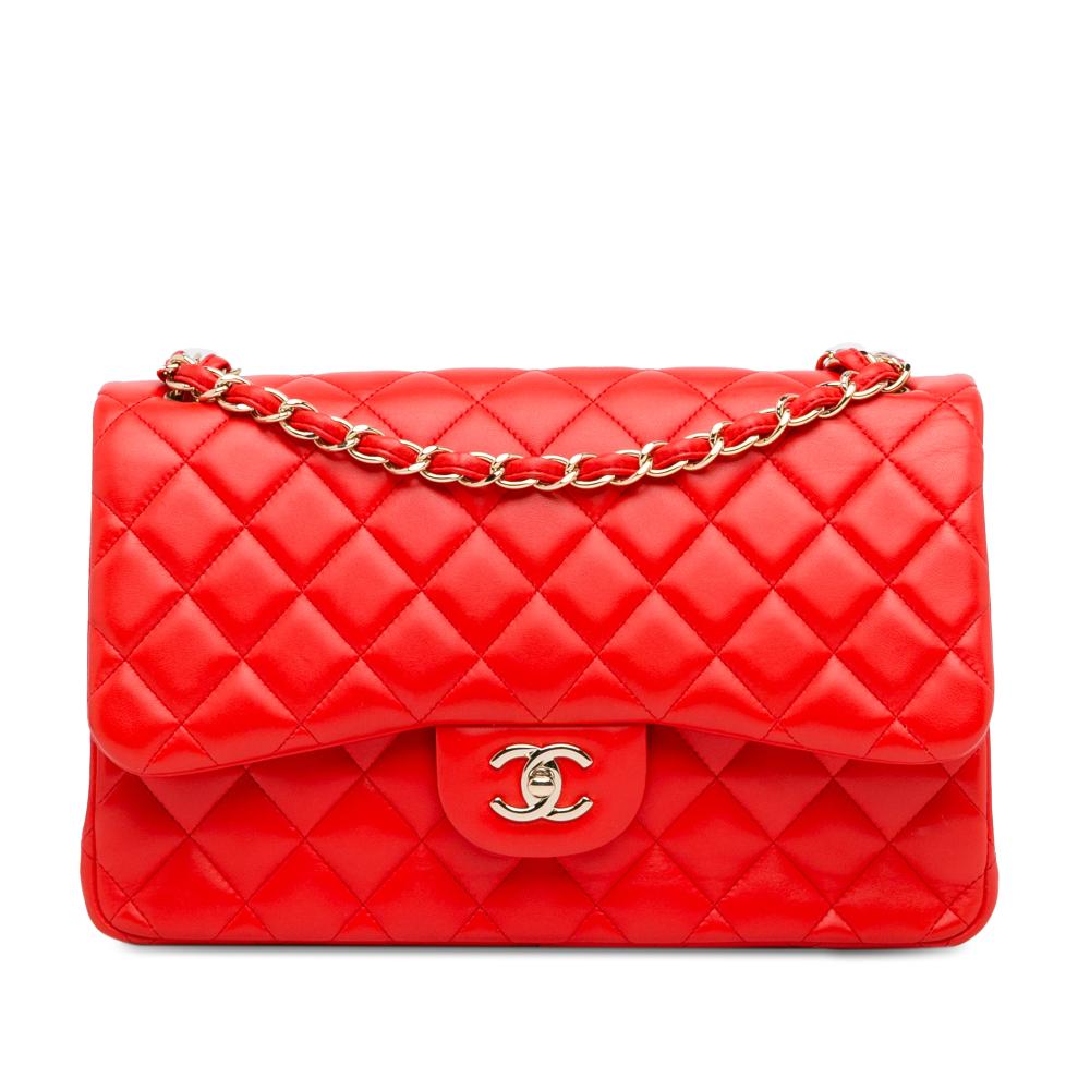 Chanel B Chanel Red Lambskin Leather Leather Jumbo Classic Lambskin Double Flap Italy