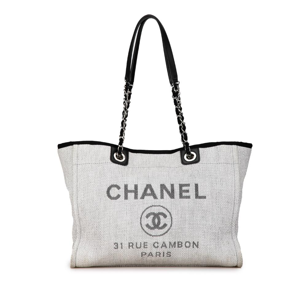 Chanel B Chanel Gray Light Gray Straw Natural Material Medium Deauville Tote Italy