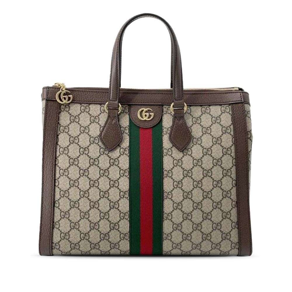 Gucci AB Gucci Brown Beige Coated Canvas Fabric Medium GG Supreme Ophidia Satchel Italy