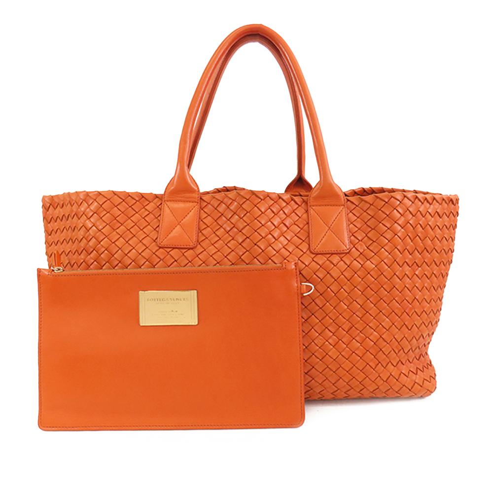 Bottega Veneta B Bottega Veneta Orange Calf Leather Medium Intrecciato Cabat Tote Italy