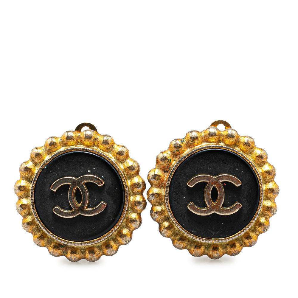 Chanel B Chanel Black with Gold Gold Plated Metal CC Clip on Earrings France