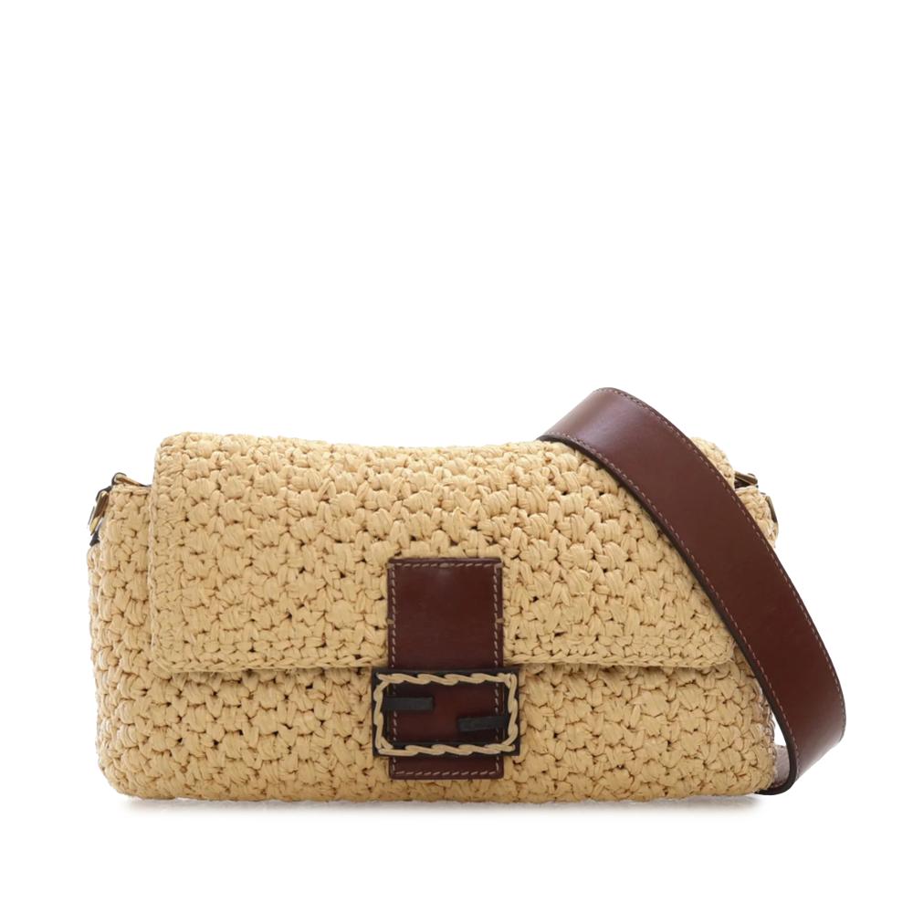 Fendi B Fendi Brown Beige Raffia Natural Material Crochet Baguette Satchel Italy