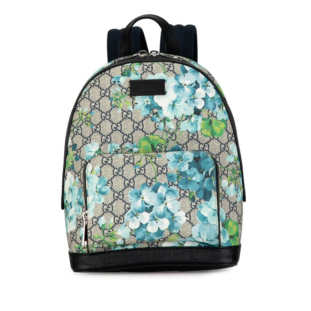 Gucci AB Gucci Brown Beige with Blue Light Blue Coated Canvas Fabric GG Supreme Blooms Backpack Italy