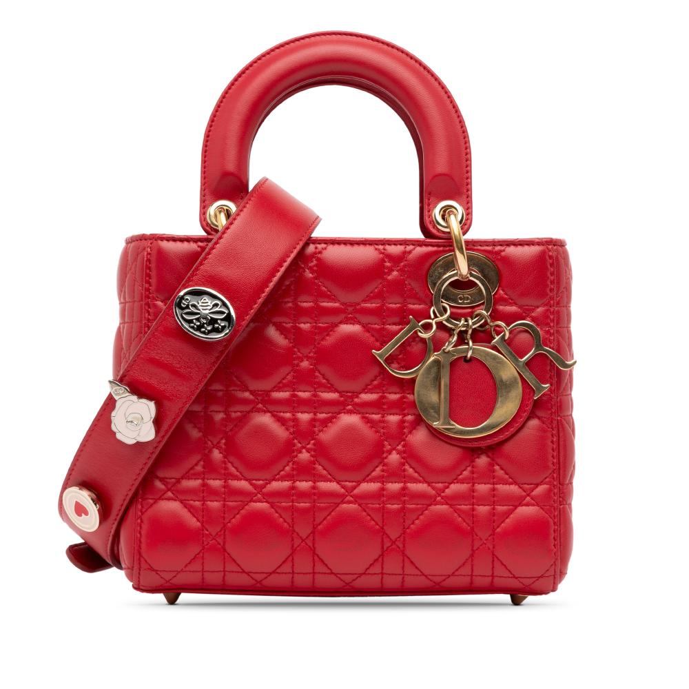 Christian Dior B Dior Red Lambskin Leather Leather Small Lambskin Cannage Lucky Badges My Lady Dior Italy