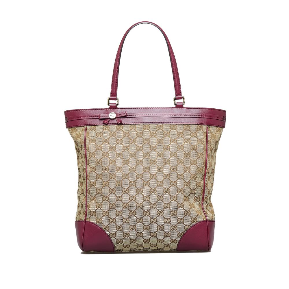 Gucci B Gucci Brown Beige with Red Canvas Fabric GG Mayfair Tote Italy