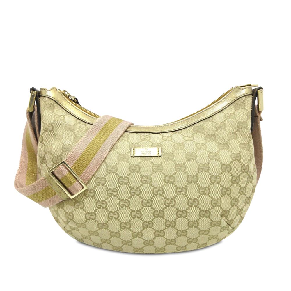 Gucci B Gucci Brown Beige with Gold Canvas Fabric GG Web Crossbody Bag Italy