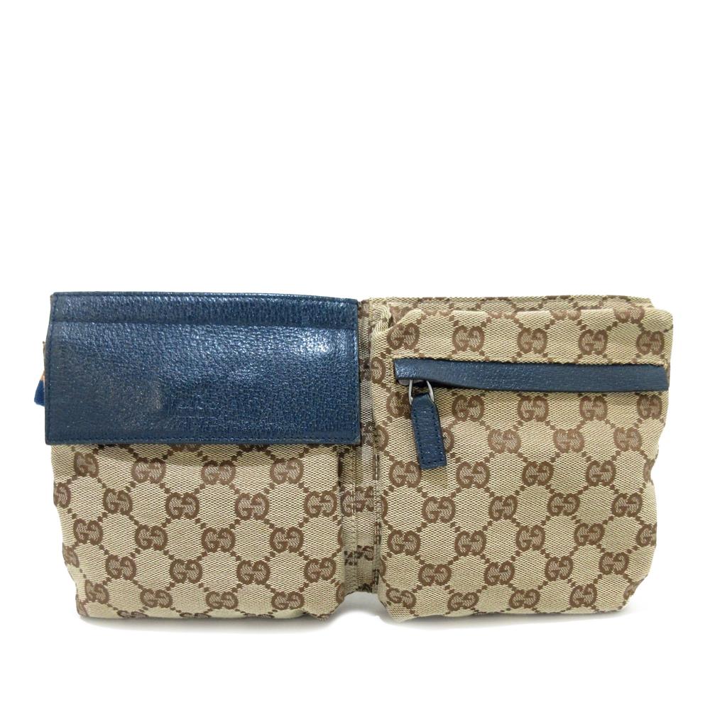 Gucci B Gucci Brown Beige with Blue Navy Canvas Fabric GG Web Double Pocket Belt Bag Italy