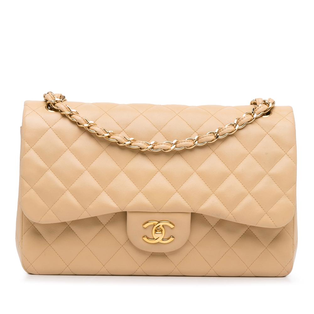 Chanel AB Chanel Brown Light Beige Lambskin Leather Leather Jumbo Classic Lambskin Double Flap Italy