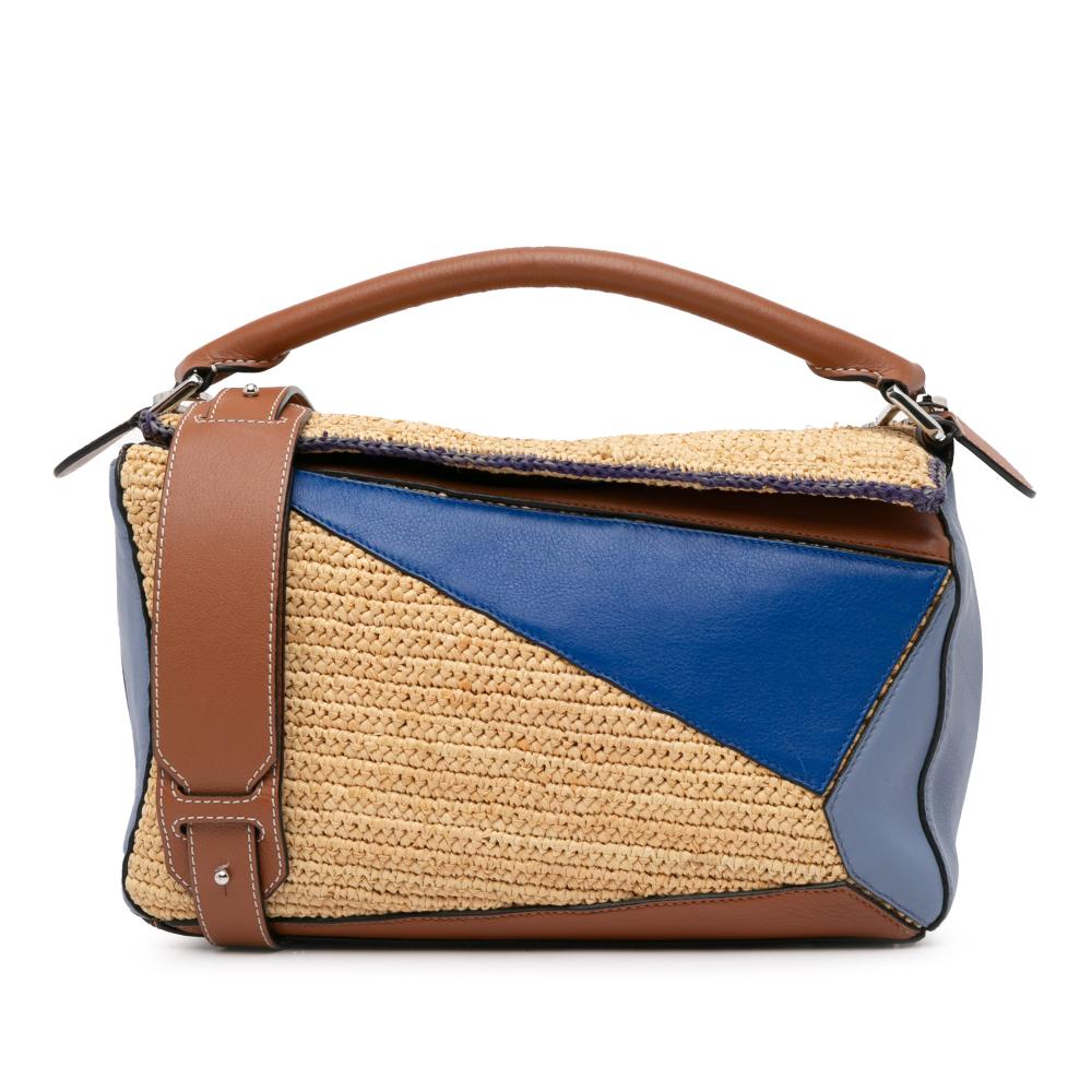 Loewe B LOEWE Blue with Brown Beige Calf Leather Medium Multicolor and Raffia Puzzle Satchel Spain