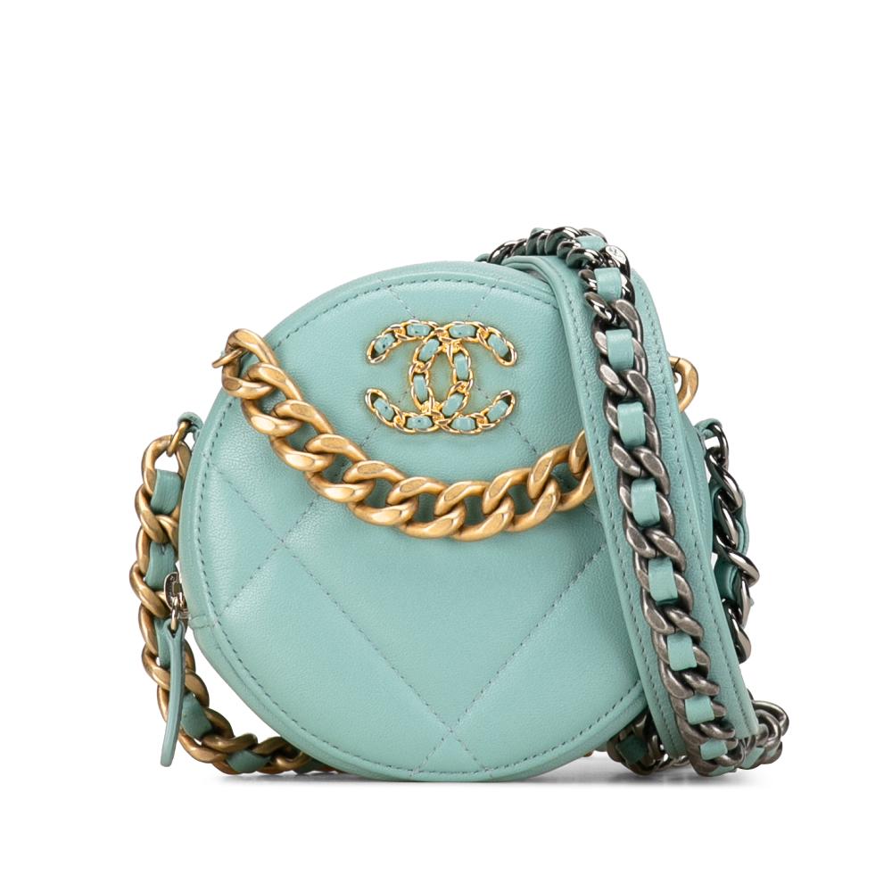 Chanel AB Chanel Blue Light Blue Lambskin Leather Leather Lambskin 19 Round Clutch with Chain Italy