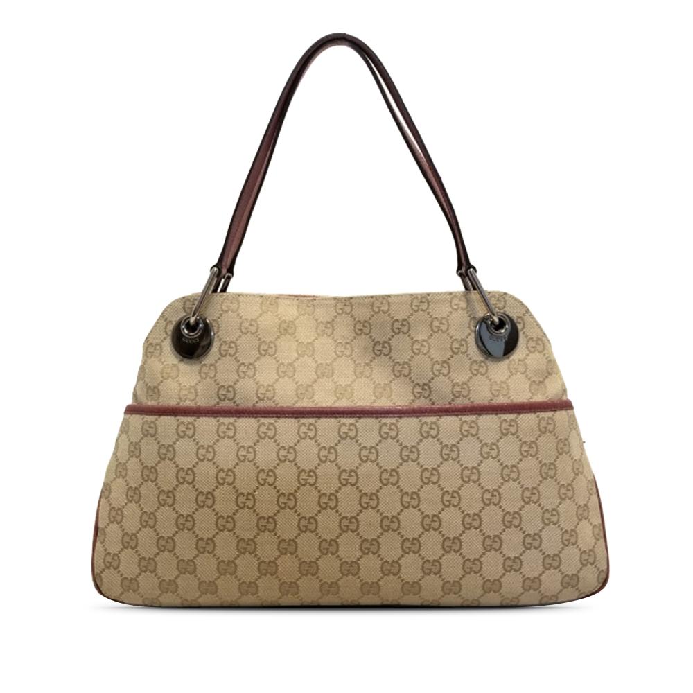Gucci B Gucci Brown Beige with Red Maroon Canvas Fabric GG Eclipse Shoulder Bag Italy