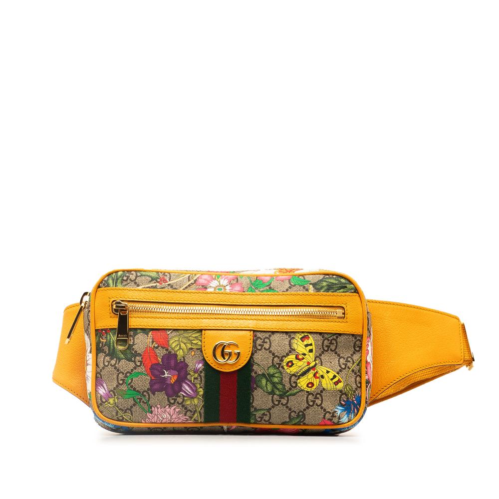 Gucci AB Gucci Brown Beige with Yellow Coated Canvas Fabric GG Supreme Flora Ophidia Belt Bag Italy