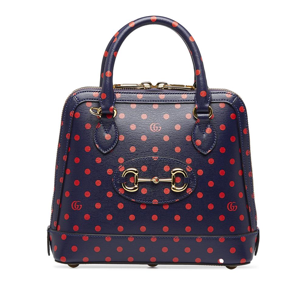 Gucci A Gucci Blue Navy with Red Calf Leather Horsebit 1955 Polka Dot Satchel Italy