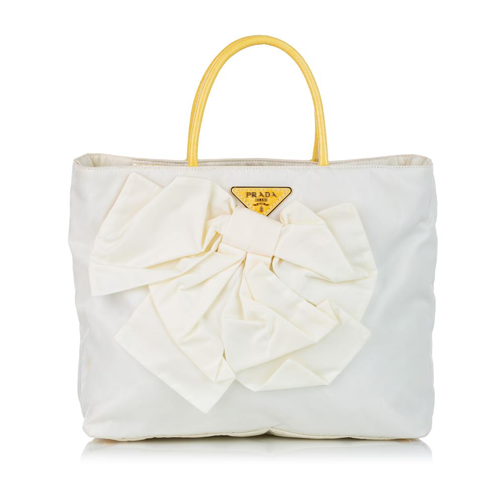 Prada B Prada White with Yellow Nylon Fabric Tessuto Bow Tote Bag Italy