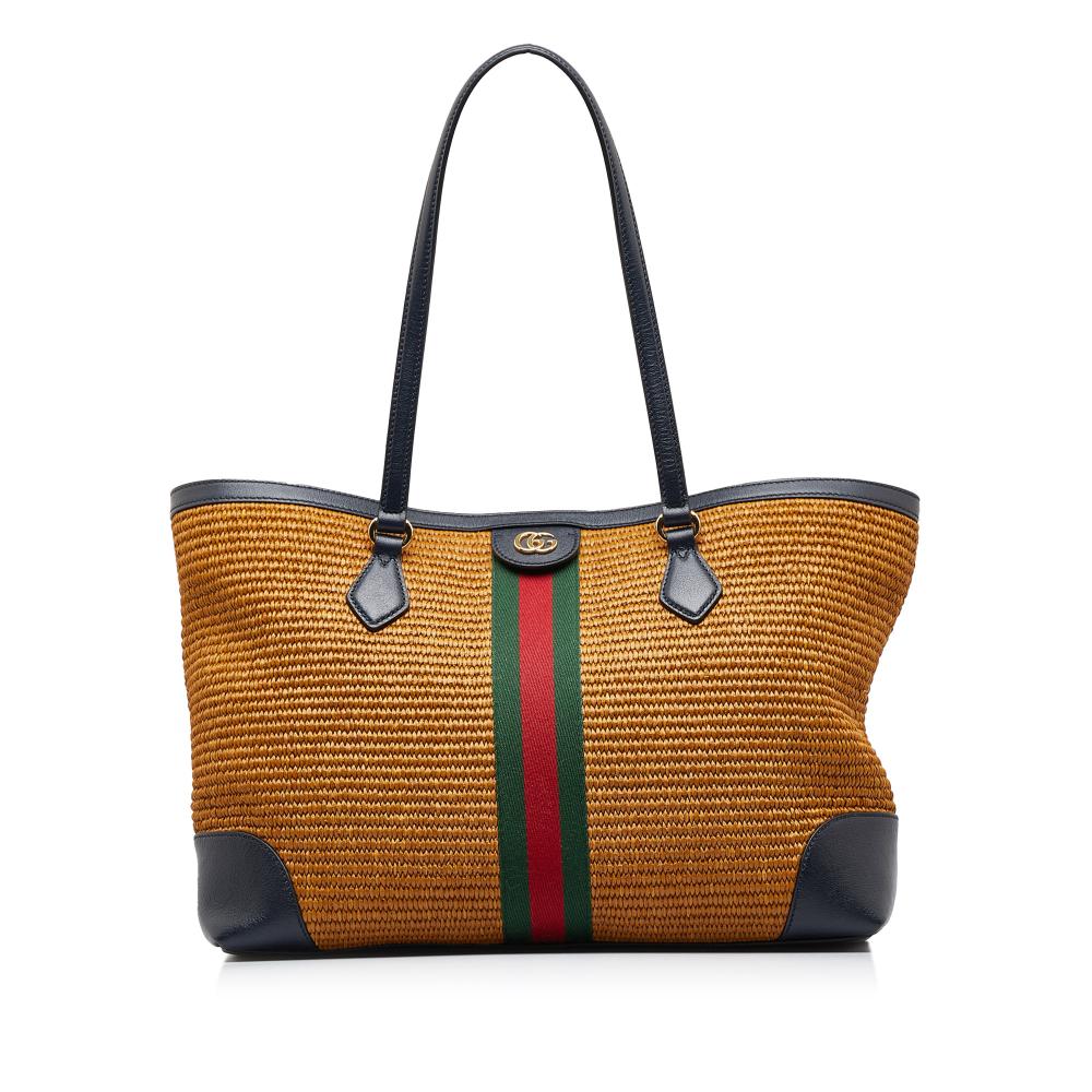 Gucci A Gucci Brown Raffia Natural Material Medium Ophidia Tote Bag Italy