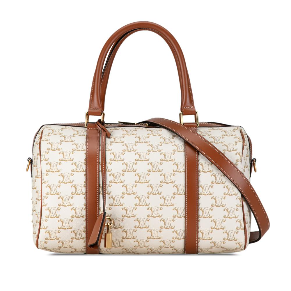 Celine AB Celine White with Brown Coated Canvas Fabric Triomphe Satchel Italy