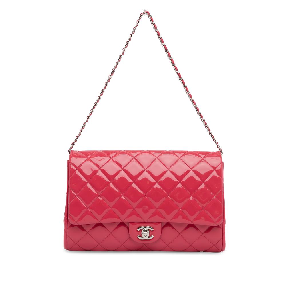 Chanel B Chanel Pink Patent Leather Leather CC Quilted Patent Clutch with Chain France