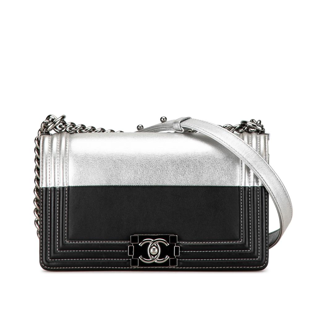 Chanel AB Chanel Silver with Black Goatskin Leather Medium Bicolor and Calfskin Boy Flap Italy
