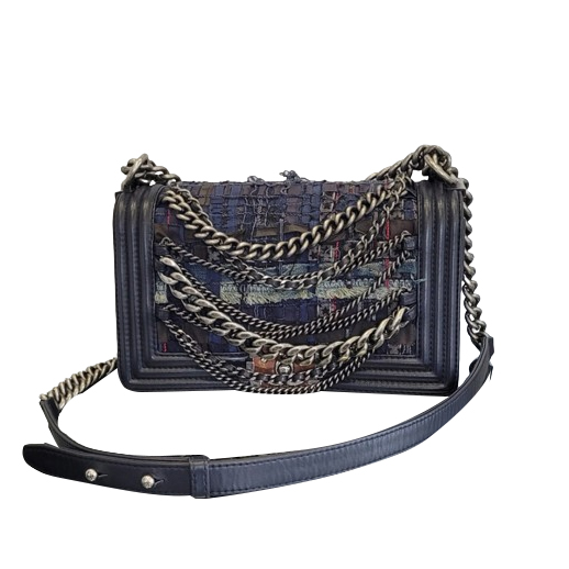 Chanel Blaue Tweed- und Ledertasche Enchained Medium Boy Shouder Bag